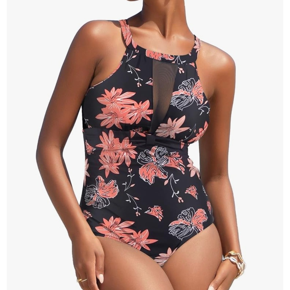 Women One Piece Swimsuit Mesh Ruched Monokini Swimwear L Floral Print